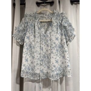 MINE Womens Blue Floral Smocked Ruffle Short Sleeve Blouse‎ Top CR1185 Small